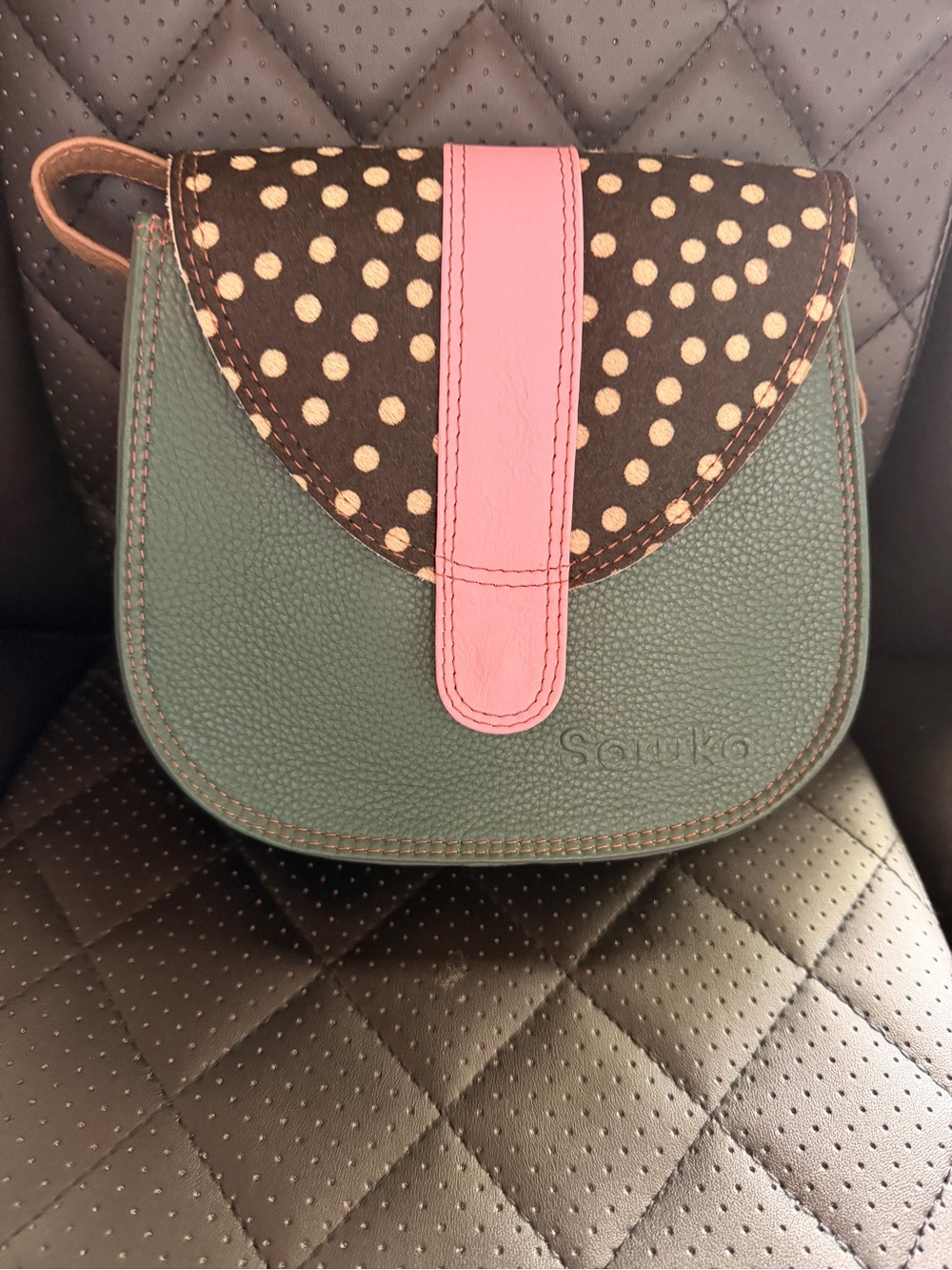Teal Leather Crossbody Bag with Polka Dot Flap and Pink Accent - Picture 5 of 6